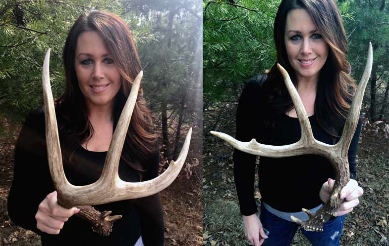 Carlyn Lusk holding shed deer antlers