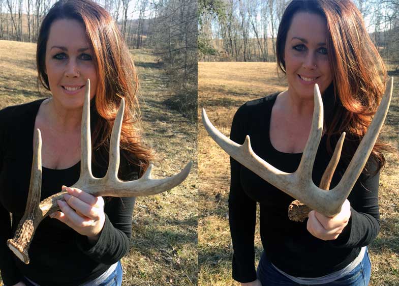 Carlyn Lusk holding shed deer antlers
