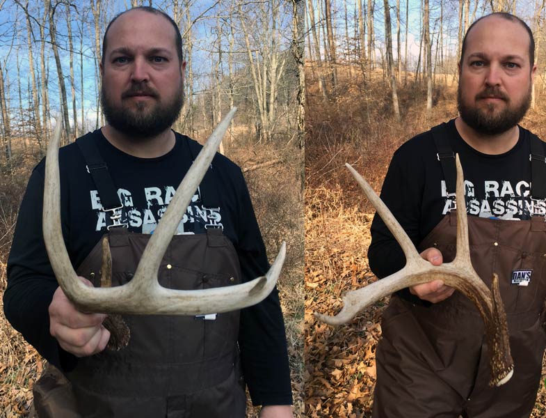 David Lusk holding shed deer antlers