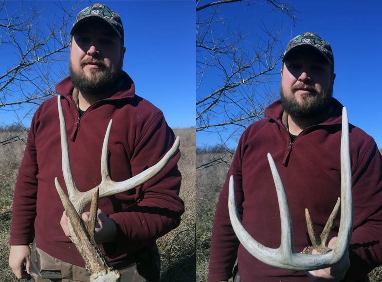 David Lusk holding shed deer antlers